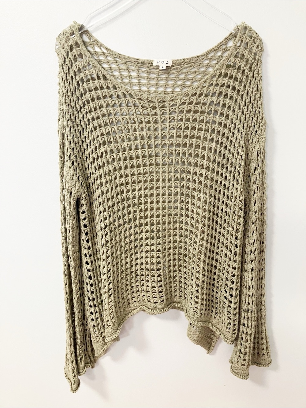 POL | Tan Crochet Open Weave Bell Sleeve Top L Boho Fisherman Fairycore Whimsy